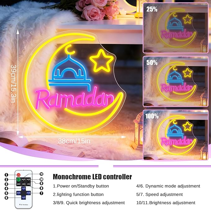 Ramadan Kareem Neon Sign 15 in Eid Mubarak Neon Lights for Wall Decor Muslim Islamic Led Light Sign for Ramadan Mubarak Ramadan Kareem Sign Islamic Muslim Home Bedroom Party Decor Gift