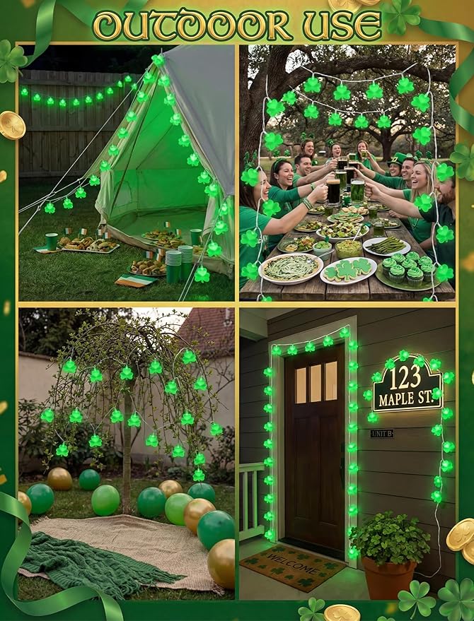 Outdoor Shamrock String Lights, 8.5Ft Saint Patricks Day Decorations with 10 Clover Lights, Plug in Shamrocks Green Lights for Party Bar Home Garden Decor,White Wire