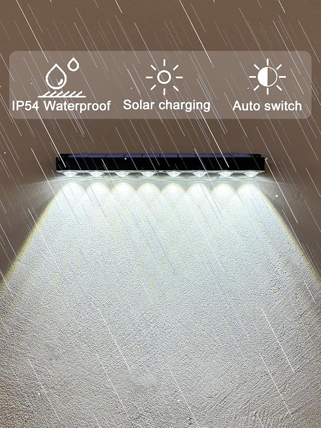 High Brightness Solar Fence Lights Solar Sign Lights Outdoor 2 Pack, Automatic Charging and On/Off Light Switch, 8 LED Beads for Gardens, Porches, Patios, Decks, Fencescapes-Cool Light