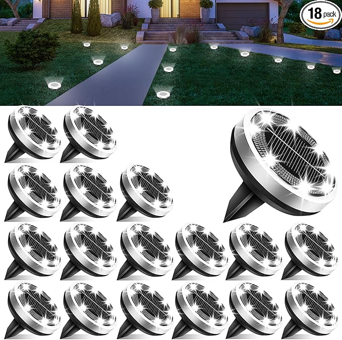 Solar Lights Outdoor Waterproof, 18 Pack 8 LED, Thickened Stainless Steel Ground Light, Solar Garden Lights Landscape Lighting for Patio Pathway Lawn Yard Deck Driveway Walkway, Cool White