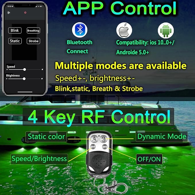 2 Pcs Standard 1/2in NPT Boat Drain Plug Light Underwater Boat LED Light,Boat Trailer Light with APP RF Remote Control for Fishing Swimming Divinng,Smart Cooling System,40W,4100LM (Green)