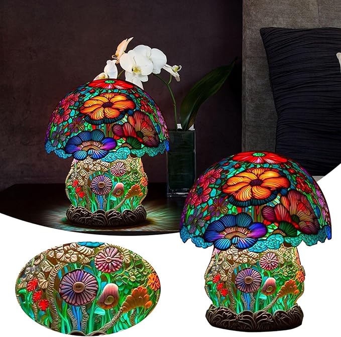 Mmoneyake Stained Plant Series Table Lamp, Painting Mushroom Table Lamp, 2023 New Vintage Decorative Bedside Lamp, Mushroom Table Lamp, for Home Livingroom Bedroom Office Decorations Lamp