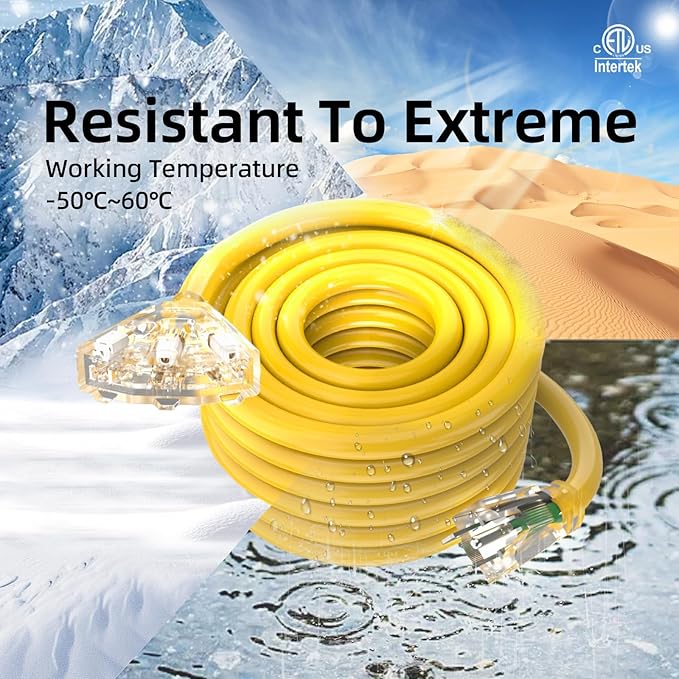 12FT 12 Gauge Heavy Duty Outdoor Extension Cord Waterproof with 3 Outlets Splitter & Lighted End, SJTW 15A 1875W 3 Prong Weatherproof Electric Cable Multi-Plug 3 way Power Cord, ETL Listed for Outside