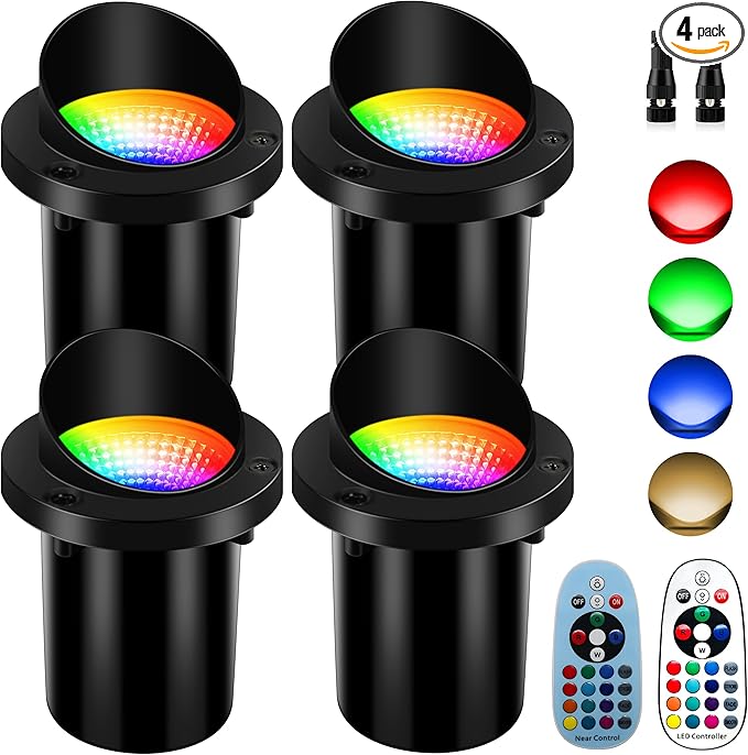 4 Pack Low Voltage Christmas Outdoor Landscape Lighting, RGBW Shielded Well Lights,Color Changing IP67 Waterproof Paver Light Pathway Light,LED Outdoor In-Ground Lights for Garden Yard Fence Deck