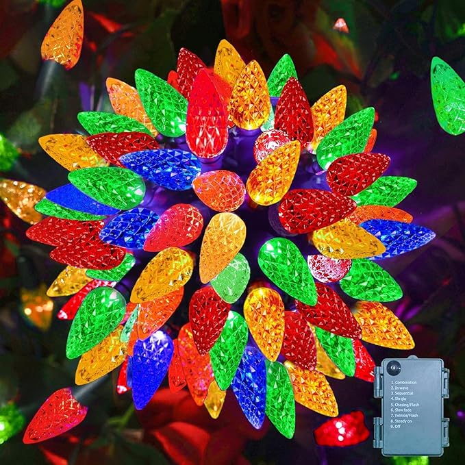 50LED C6 Christmas Lights Battery Operated, 16.4FT C6 Christmas Lights Battery Powered with Timer, 8 Modes, Waterproof for Outdoor Garden Patio Indoor Xmas Tree Bedroom Party, Multi-Color