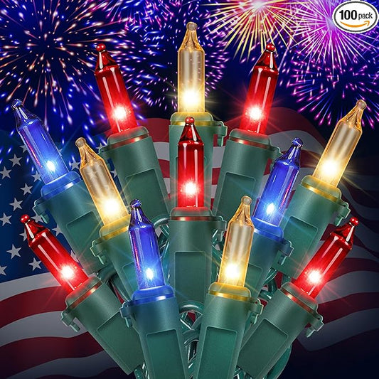 Hopolon Red White and Blue Mini Lights,2PACK 50Count 4th of July Patriotic String Lights Green Wire,13FT Incandescent Independence Day Light for Indoor Outdoor Christmas Party Decor,Red White Blue
