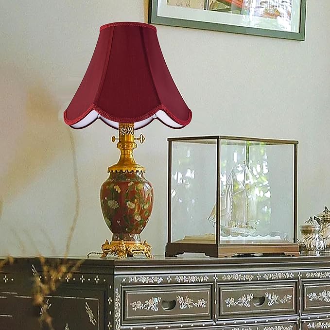 GO&SO Burgundy Scalloped Lamp Shade Bell Lamp Shades Petal Edge Braid,6"Top x 13"Bottom x 10.6"High (Spider) Table Lamp Shade Modern Floor Lamp Shade Replacement,Faux Silk Lampshades -Easy Assembly