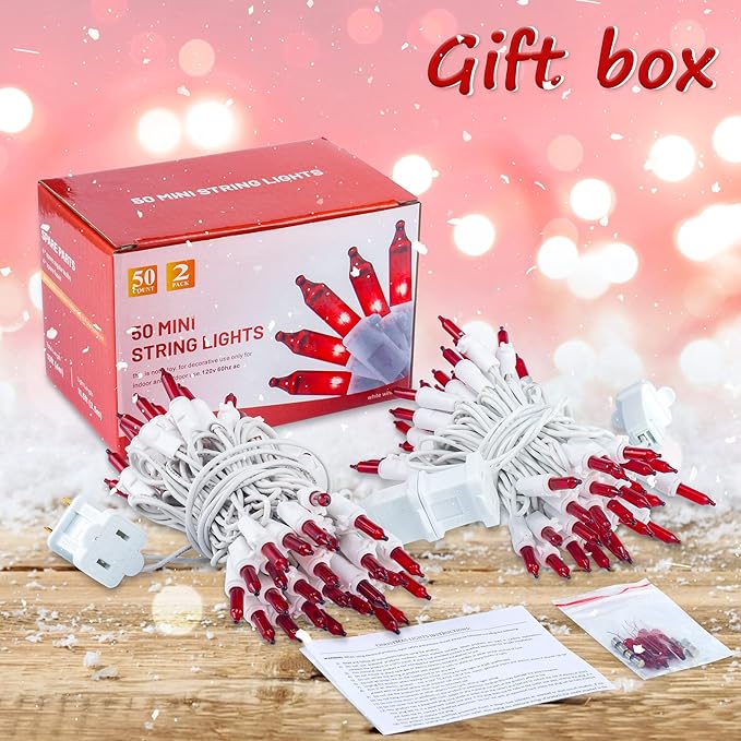 Hopolon 50 Red Christmas Lights, 2PACK White Wire 13Feet Long String Lights Set for Outdoor Indoor Décor, Valentines Day, Wedding, Halloween, Christmas Trees, Holiday Lighting Decorations,Red