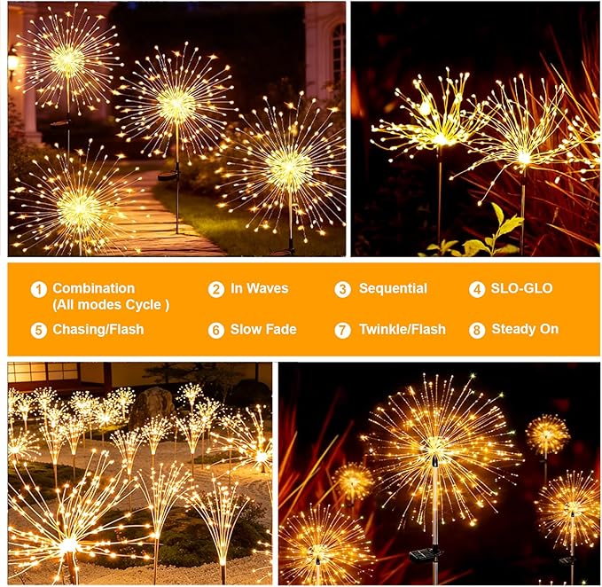 Solar Fireworks Lights for Outside, 150LED 8 Modes Fireworks Solar Lights Outdoor, Fairy Garden Flowers Lights for Yard Pathway Wedding Party Christmas Diwali Garden Decor 4Pack (Warm White)