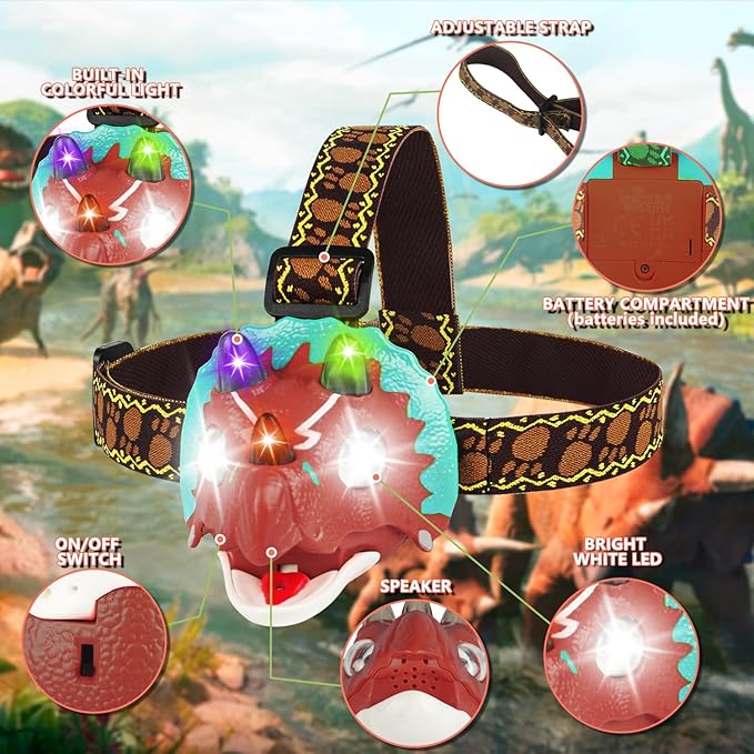 TIGTECGAME Dinosaur Headlamp for Kids Flashlight T-Rex LED Headlights Outdoor Toys Camping Essentials Gift for Boys Girls Toddlers Birthday Easter Halloween Christamas