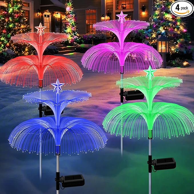 Solar Garden Lights, 4 Pack Solar Star Jellyfish Lights 7 Color Changing Fiber Optic Light Gardening Gifts for Mom Grandma Women, Flower Light for Outdoor Yard Garden Decor
