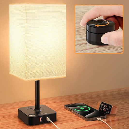 COZOO Bedroom Table Lamp with Remote Operation Control,Dimmable Bedside Table Desk Lamp with USB C+A Charging Ports 2 AC Outlets,Nightstand Lamp White Shade Lamp for Living Room,Dorm,Home Office,Decor