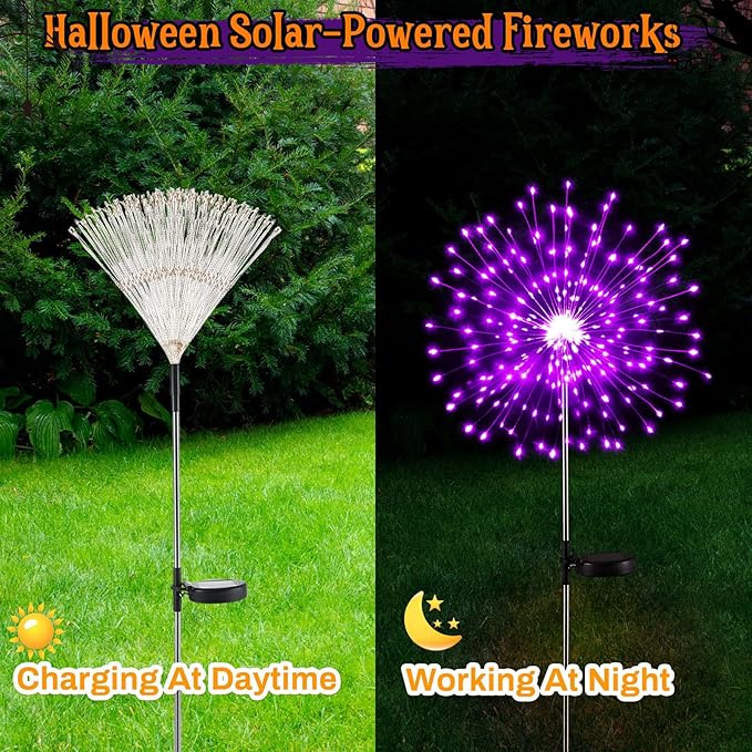 6 Pcs Mardi Gras Solar Firework Lights Solar Lights Outdoor Garden 120 LED 8 Modes Waterproof LED Sparkler Outdoor for Carnival Patio Yard Pathway Walkway (Purple,Orange)