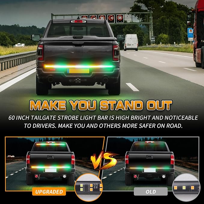 XRIDONSEN 48 inch Truck Amber Green Tailgate Strobe Lights Strip Rear Window Lights 288 LED Tail Emergency Light Bar Flashing Warning Hazard Safety for Plow Trucks Construction Vehicles Pickup Trailer