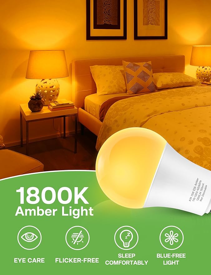 Sleep Light Bulb 100 Watt Equivalent 13W, Blue Light Blocking, 1800K Amber Color Light Bulbs, A19 Warm Light Bulb for Healthy Sleep and Baby Nursery Kids Bedroom, 2 Pack