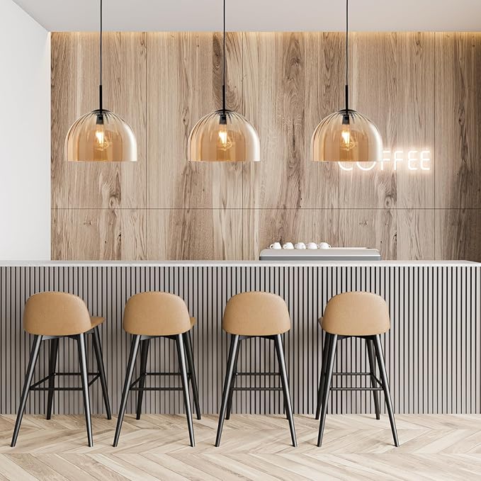 Modern Dome Pendant Lighting Fixture Kitchen Island, 11.8 Inch Large Boho Chandelier, Rustic Farmhouse Industrial Hanging Lamp Ceiling Lights with Amber Glass Bell Lampshade