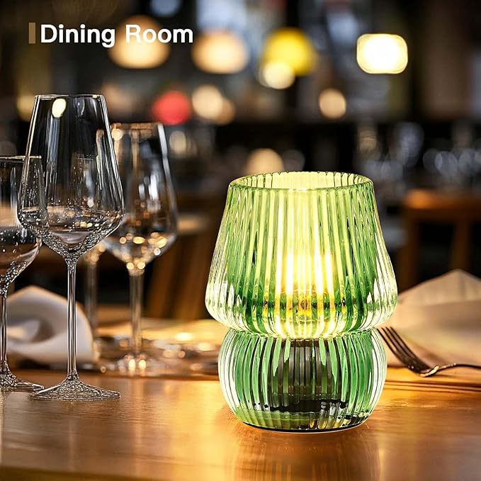 Small Battery Operated Lamp with Timer, Tiny Cordless Glass Table Lamp for Home Decor, Kitchen, Bathroom, Birthday Gift for Women, Mushroom, Green