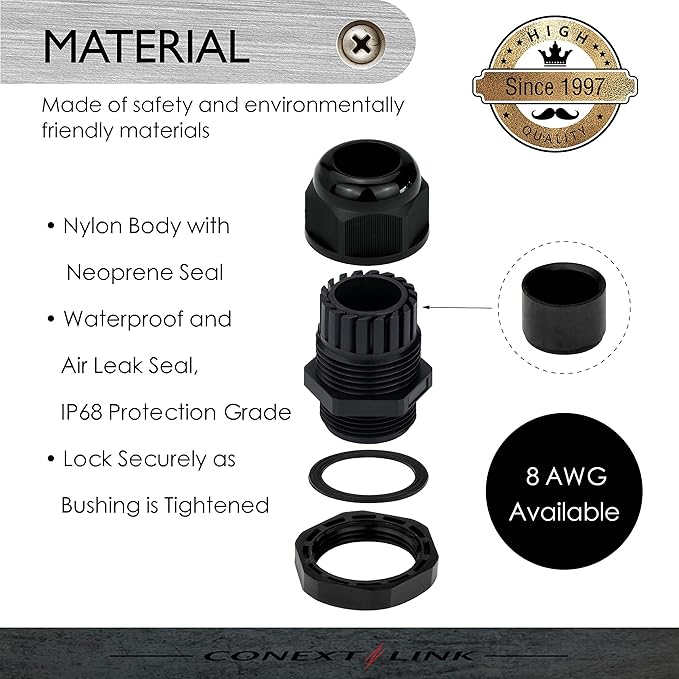 Conextlink 5pcs Waterproof IP68 Nylon Firewall Bushing Grommet Cable Gland Joint Adjustable Locknut Protectors for Power Cable (8 Gauge, Black)