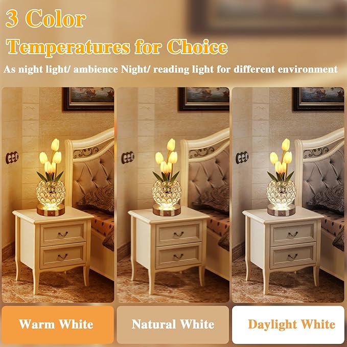 Birthday Gifts for Women Mothers Day Gifts/ for MomTable Lamp, 3 Color Crystal Flower Bedside Lamps Infinitely Dimming with USB Charge Small Night Light,Nightstand Touch Lamp for Bedroom (pink-tulip)