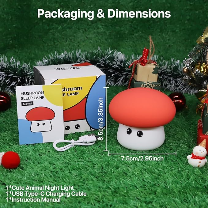 Cute Mushroom Night Light for Kids Rechargeable, Battery Operated Nightlight 3 Level Dimmable with RGB&Timer, Silicone Touch Nursery Lamp for Baby Girls Boys Bedroom Gifts