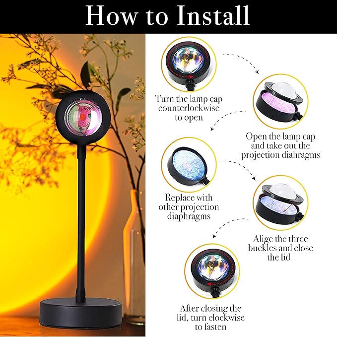 High Speed Sunset Lamp Projector – LED Lights Projector in Sunset, Red Sunset and Rainbow – Adjustable Sunset Projection Lamp with Integrated LED Chip – Professional and Amateur Photoshoots (Sunset)