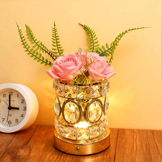 Rose Flower Lamp, Rechargeable Cordless Touch Crystal Bedside Table Lamp with 3-Color Dimmable Small Night Light - Birthday Gifts for Women, Mom, Wife, Living Room, Bedroom Decor, Romantic Home Decor