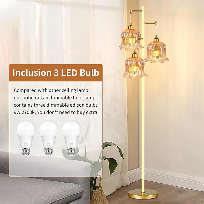 Glass Floor Lamp for Living Room,Bedroom,Mid Century Modern Standing Lamp Brass Tree 3 Light Tall Floor Lamps Vintage Floor Lights Gold Tulip Flower Lamp Shade Farmhouse Boho Bohemian