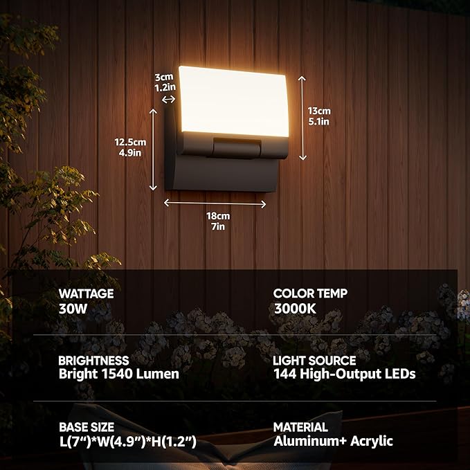 LED Outdoor Wall Light 2-Pack, Rotatable Adjustable Wall Sconce, IP65 Waterproof Porch Light for House Garage Patio, 3000K Warm White, Matte Black Aluminum