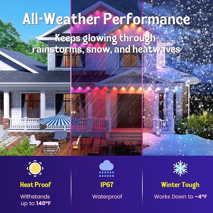 Fitop Permanent Outdoor Lights, 50FT RGB Smart Eaves Light for House, IP67 Waterproof LED Strip Light, Extendable Outdoor Decor Lights, Music Sync, App/Remote Control, Compatible with Alexa/Google