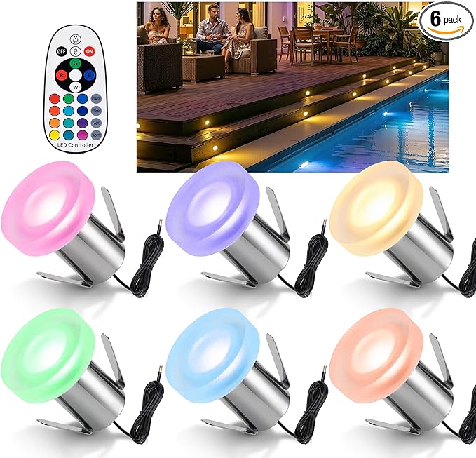 RGBW Deck Lights 6 Pack, Mini 3W 12V Low Voltage In-Ground Well Lights, LED Landscape Lighting, Warm White & 16 Colors, IP67 Waterproof Recessed Stainless Steel Acrylic Design for Stairs