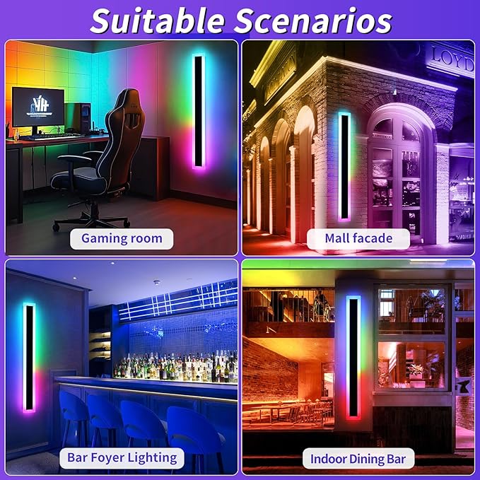 Mikeru Upgraded Widened RGB Long LED Wall Lights, 2Pack 57inch Outdoor Sconces RGB/Warm/White Dimmable Outdoor Wall Lights Exterior Front Porch Light Ip65 Waterproof Wall Sconce with Remote Control