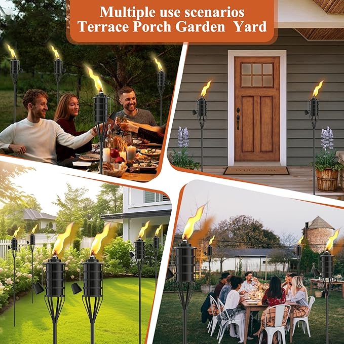 Upgraded Citronella Garden Torch Set of 6, Large Capacity 16oz Metal Torch for Outside, 59.5 Inch Black Home Torches with 3-Prong Grounded Stake,Metal Flame Torch Light for Party Patio Pathway