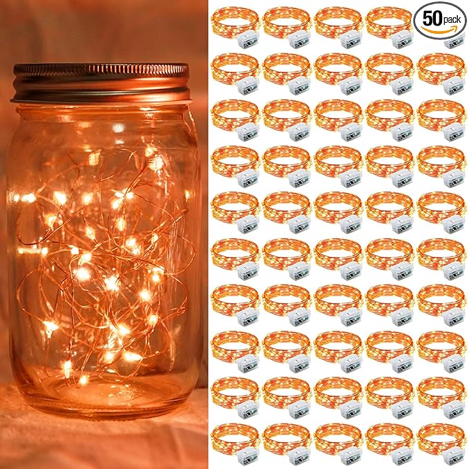 50 Pack Orange Fairy Lights 7Ft 20 LED Twinkle String Lights 3 Modes Battery Operated Waterproof Firefly Starry for Mason Jar Party Wedding Christmas Valentines Day Table Centerpieces