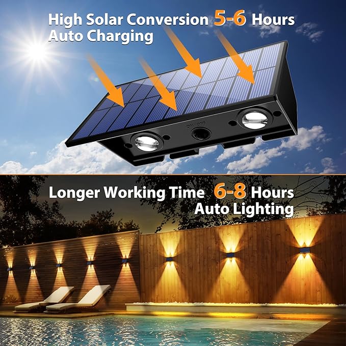Solar Fence Lights,12 Pack Solar Lights Outdoor Warm White + RGB Up & Down Solar Wall Lights Waterproof 100 Lumens Dusk to Dawn Solar Powered Fence Light for Backyard/Pool/Railing/Patio/Porch/Step