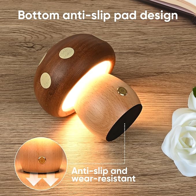 Cordless Wood Mushroom Lamp, Small Battery Operated Wooden Table Lamp Portable Night Light, 3-Level Dimmable Touch Control Warm LED Light for Bedroom, Nursery, Patio Decor
