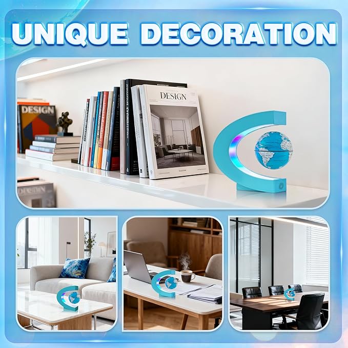 Flagest Magnetic Levitation Floating Globe, Levitating C Shape Globe with Cyan Frame and LED Lights for Education Home Office Desk Decor, Holiday Anniversary Creative Gift(3.3 Inches)