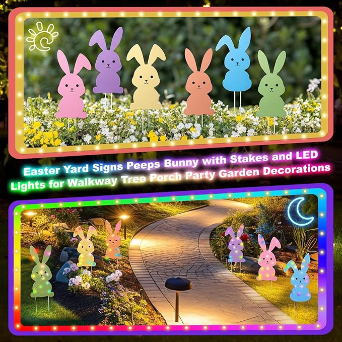 Novabright 6 Pcs Easter Bunny Yard Signs Colorful with Stakes, Outdoor Garden Bunny Lawn Signs with 39ft LED Lights Rabbit Happy Easter Decorations for Home Spring Props Party Supply