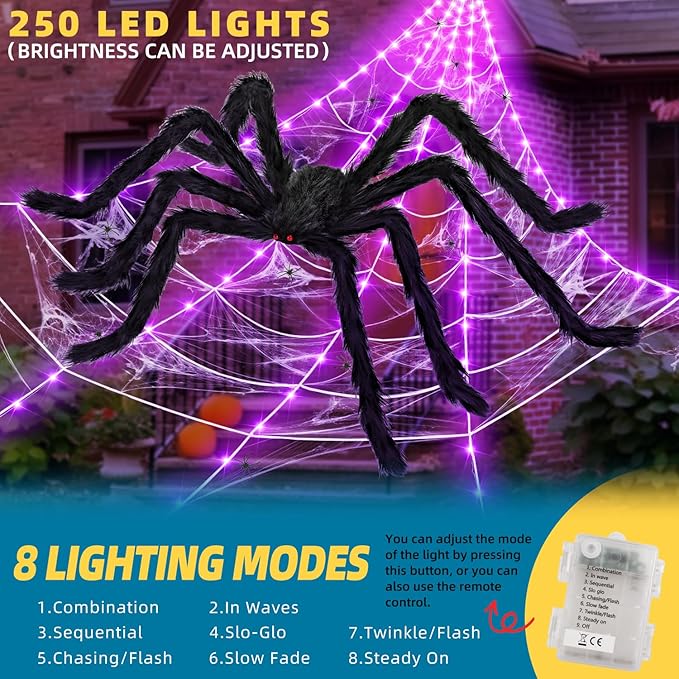 ININ 200" Halloween Light Up Spider Web with 250 LED Lights,Halloween Decorations Outdoor/Indoor,Scary Party Decorations with 59" Giant Spider & 20g Stretch Cobweb,for Yard/Lawn/Garden(Purple)