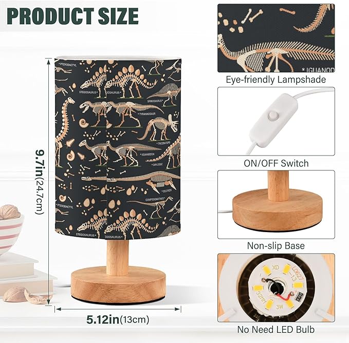 Dinosaur Fossil Skull Dino Skeleton Bone Tyrannosaurus Rex Table Lamp with Wood Base Fabric Lamp Shade Bedside Nightstand Desk Lamp for Living Room Bedroom Kids Room Office