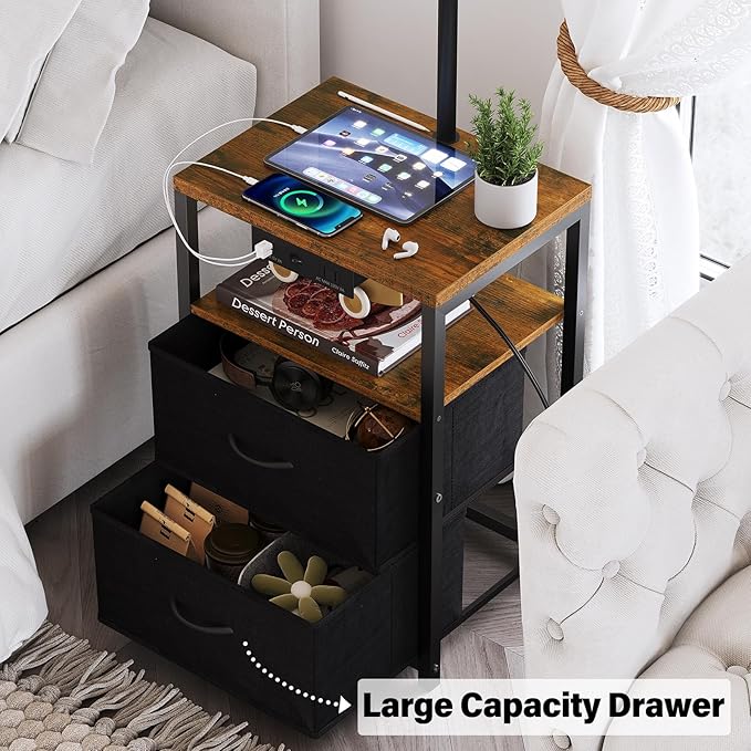 SUNMORY Floor Lamp with Table & 2 Drawers, Lamp with USB Port and Outlet, Nightstand with 3 Color Temperature Led Bulb Included, Floor Lamps for Living Room, Bedroom and Home Office, Rustic Brown