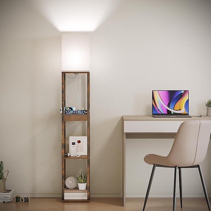 SUNMORY Floor Lamp with Shelves, Modern Dimmable Standing Lamp with Drawer & 2 USB Ports & 2 Power Outlet, Corner Tall Shelf Lamp for Living Room and Bedroom (Rustic Browm)