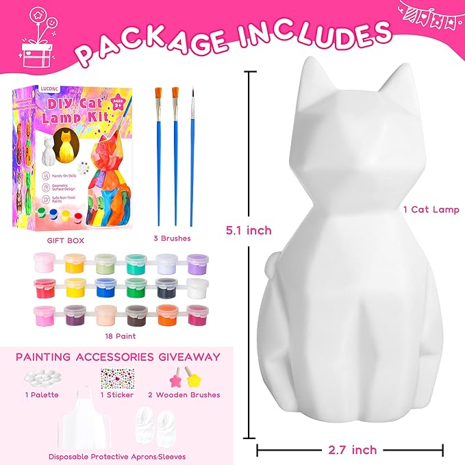 lucdnc Paint Your Own Cat Lamp Kit DIY Night Light Painting Kits for Kids Arts & Crafts Supplies Birthday Easter Christmas Cat Themed Gifts Toys for Girls Boys Teens Ages 3-12+