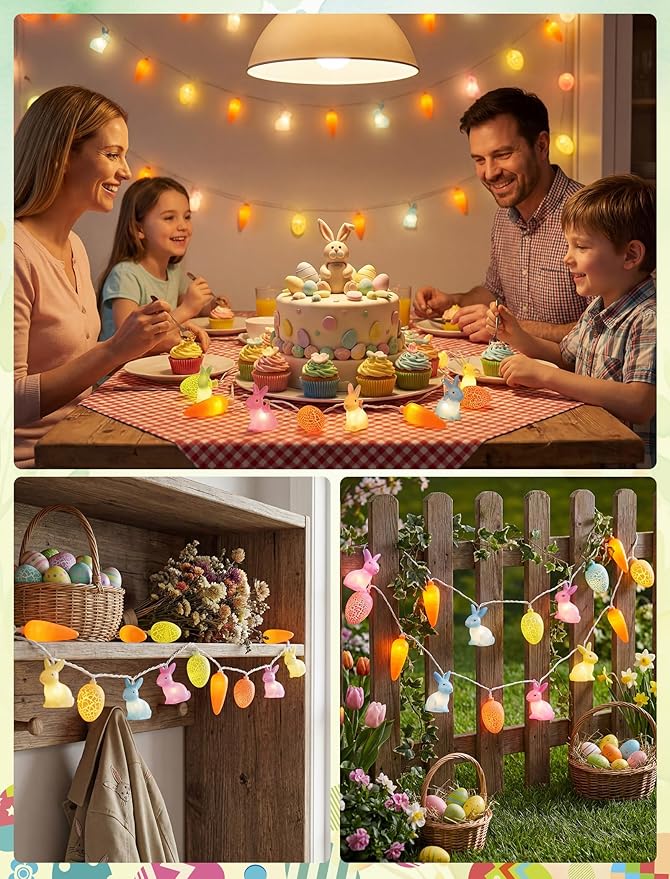 Multicolored Rabbit Cracked Egg and Carrot String Lights, 12FT LED Easter Fairy Light with 20 LED Rabbit Cracked Egg Carrot Lamps, Easter String Lights for Patio Balcony Bedroom Home Easter Decoration