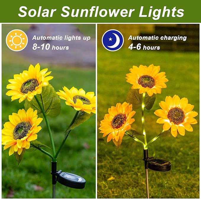 6 Packs Solar Sunflowers Outdoor Waterproof with 18 Flowers, Auto ON/Off Solar Garden Lights Outdoor Waterproof, 3 Packs Walkway Lights Gift for Grandma/Mom/Colleagues