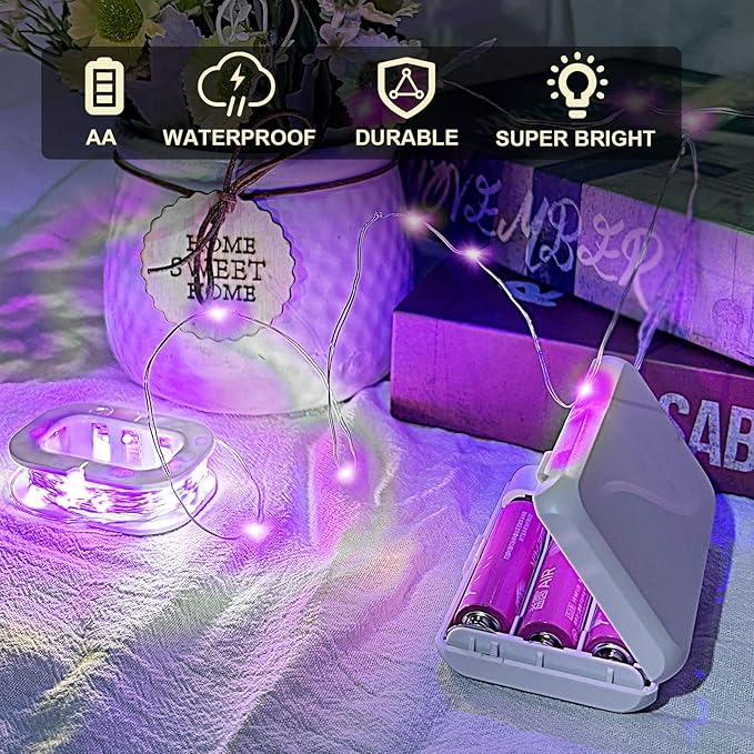 Aogist 16FT Fairy Lights with Spool,Ultra-Bright 50 LEDs Battery Operated Copper Wire String Light for Bedroom Christmas Wedding Centerpiece Parties Decoration,Purple