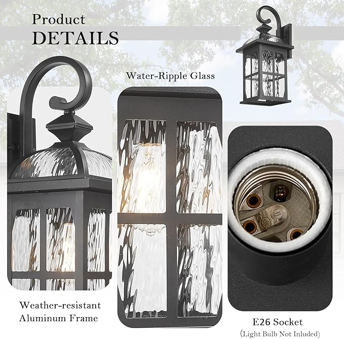 Darkaway 2pcs Large Outdoor Wall Light, 22inch Exterior Light Fixture with Water Ripple Glass, Aluminum Outside Lights Sconces Exterior Lighting for House Porch Patio Doorway