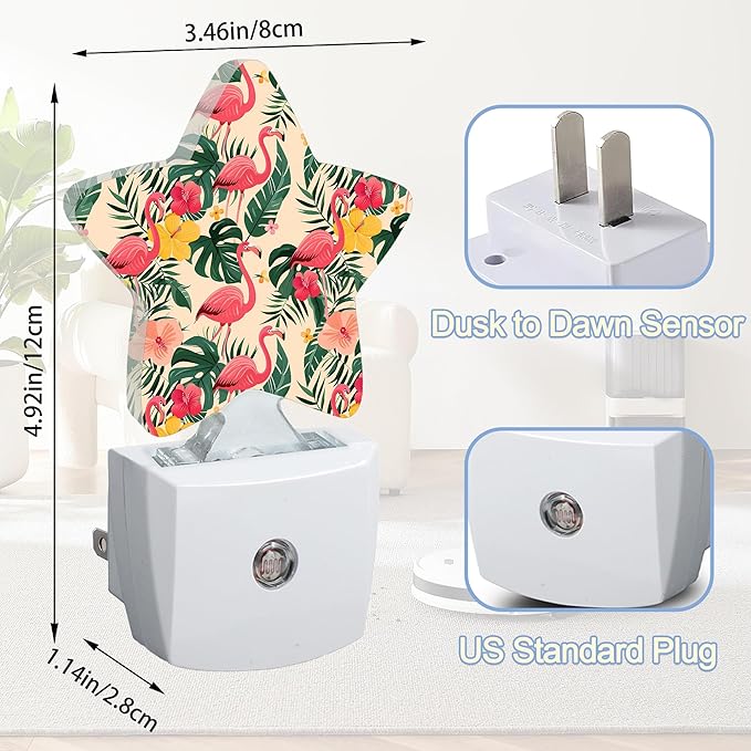 Pink Flamingo Night Lights Plug Into Wall,Tropical Palm Leaf Star Night Light for Kids,Nightlight with Dusk to Dawn Smart Sensor for Bedroom Bathroom Decor,Children Women Men Gift