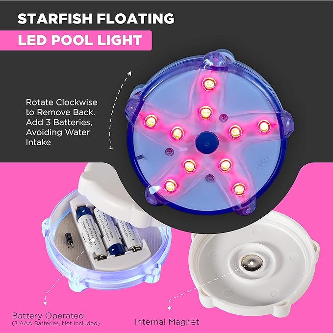 Floating Pool Lights 2PK, LED Color-Changing Underwater Pool Lights that Float, 100% Waterproof Starfish Lamp, Lighting Décor for Inground or Above Ground Swimming Pools, Fountain, Pond, Spa, Hot Tub
