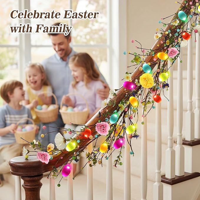 Enhon 6ft Easter Garland with Light, 20 LED Easter Egg Decoration, Spring Decorative for Mantle, Table Centerpieces, Stair Railing, Doorway, Windowsills, Front Door Décor & Party