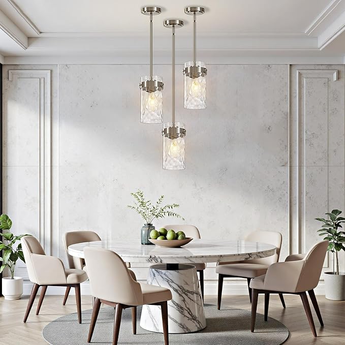 4.72" Hammered Glass Pendant Lighting for Kitchen Island 1 Pack, Modern Brushed Nickel Pendant Light Fixtures, Adjustable Ceiling Pendant Light for Kitchen Island Dining Room Bedroom Hallway